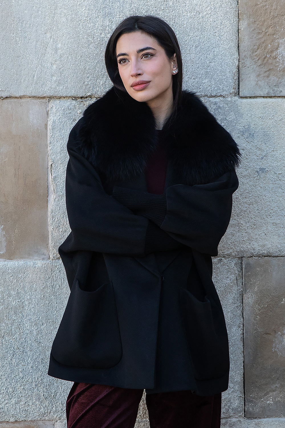 CHAQUETÓN CASHMERE NEGRO CUELLO DE ZORRO