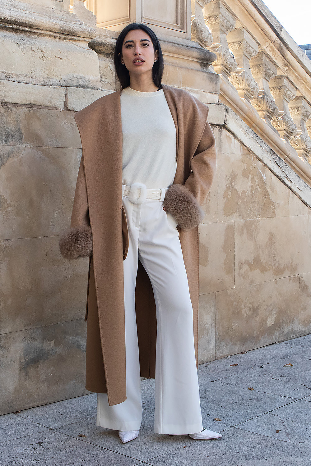 ABRIGO CASHMERE Y LANA CAPUCHA CAMEL PUÑOS ZORRO