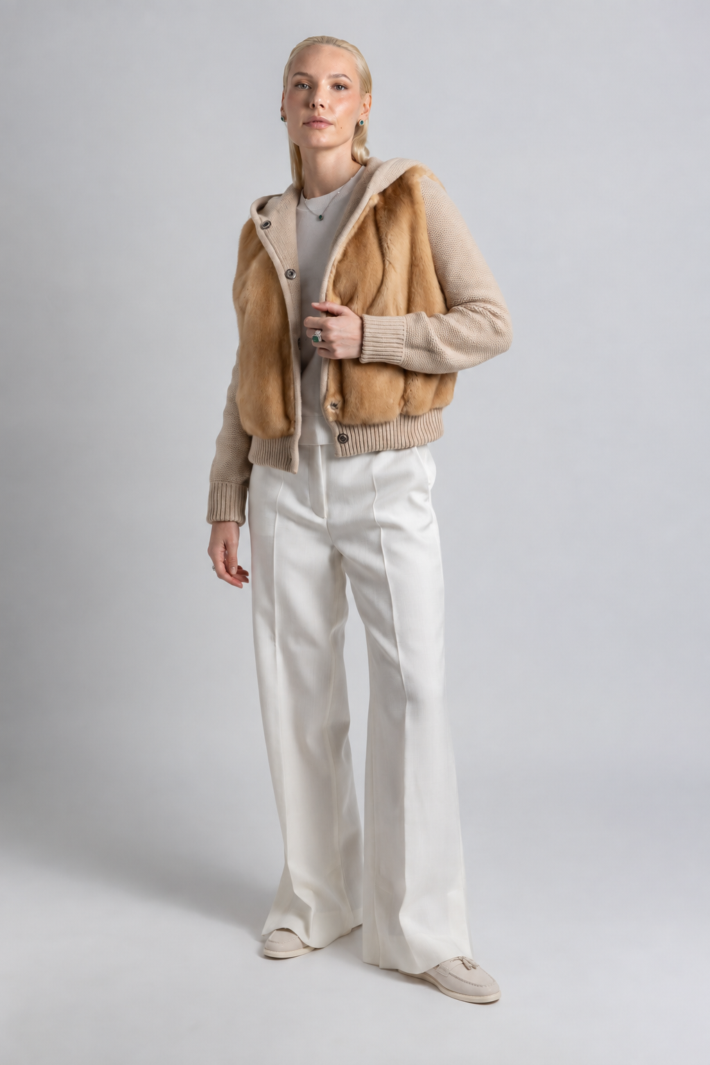 CASHMERE/PARROT PIANA BEIGE COAT WITH MINK COLLAR