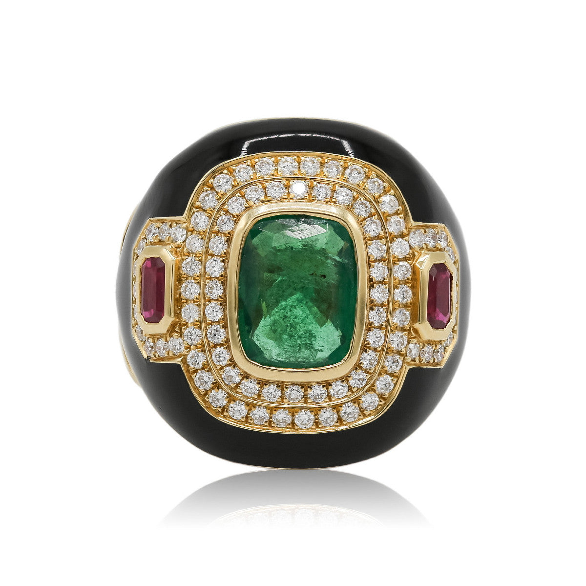 Anillo de Oro Amarillo, Esmeralda, Ónix, Rubíes y Diamantes