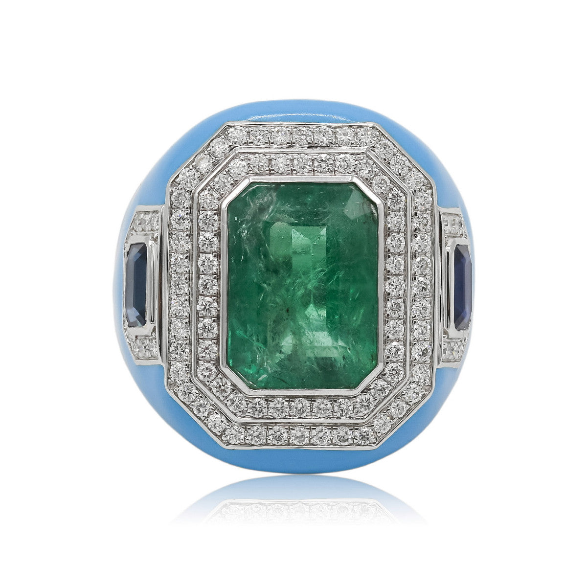Anillo Esmeralda, Turquesas, Zafiros y Diamantes de Oro Blanco