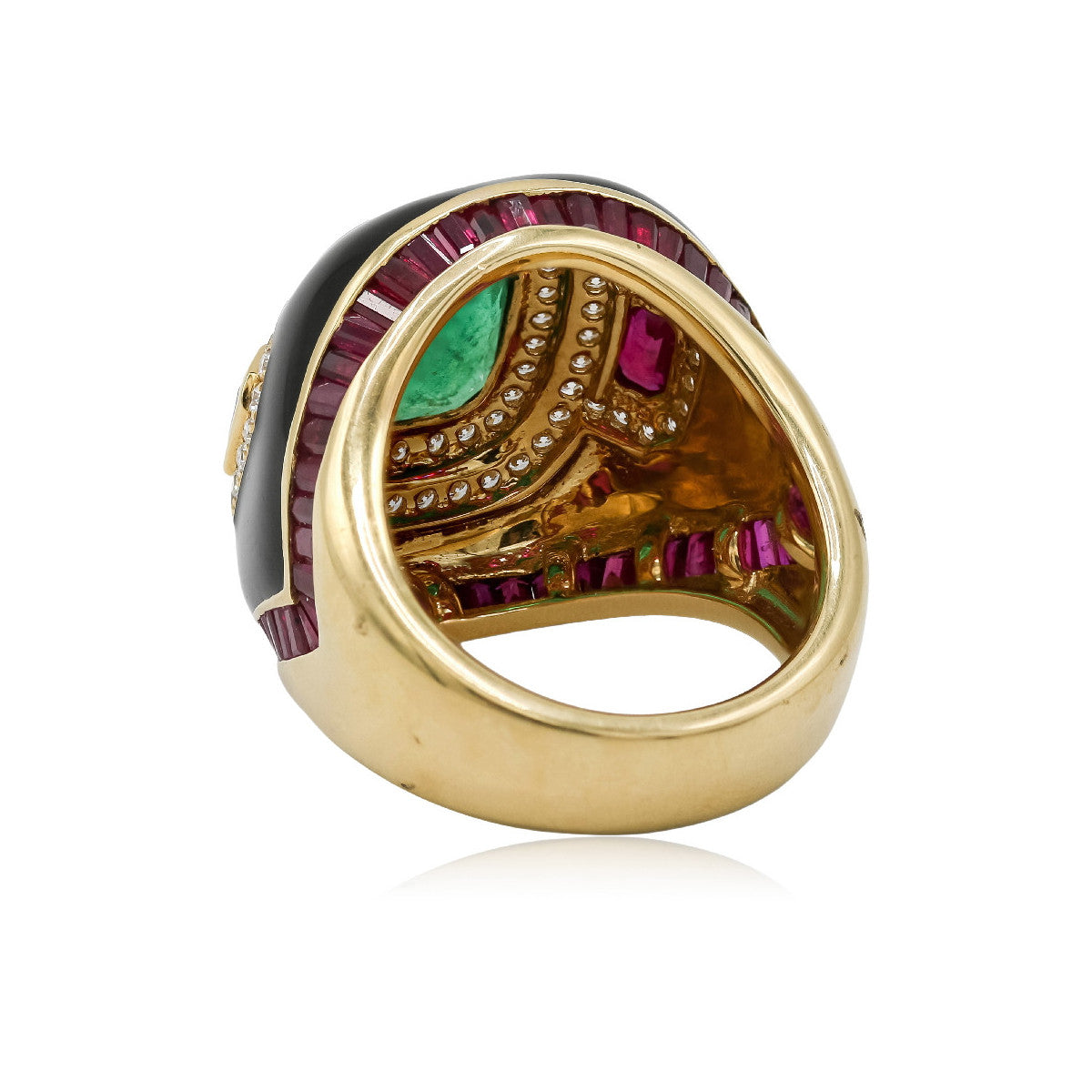 Anillo de Oro Amarillo, Esmeralda, Ónix, Rubíes y Diamantes