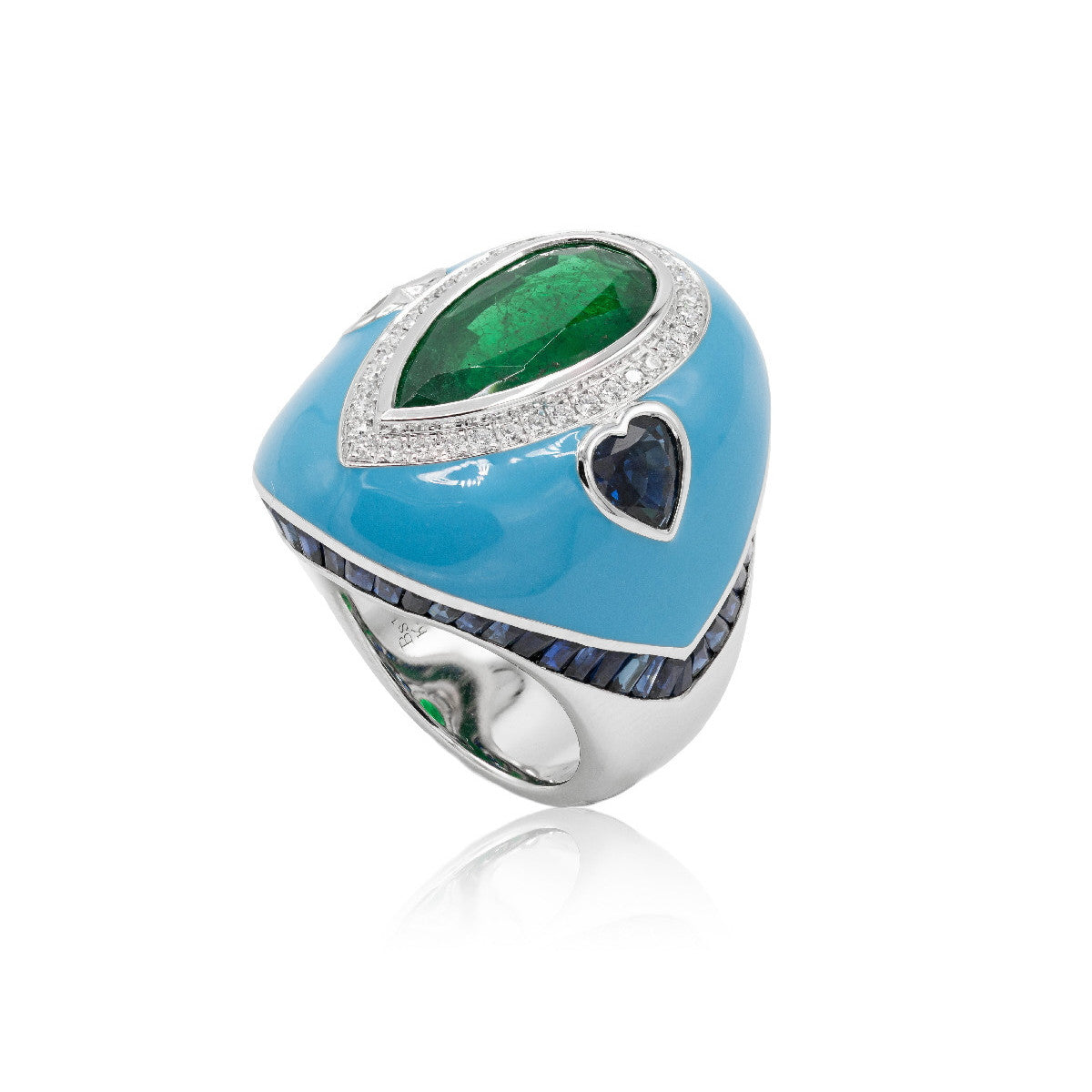 Anillo Esmeralda, Turquesas y Diamantes de Oro Blanco
