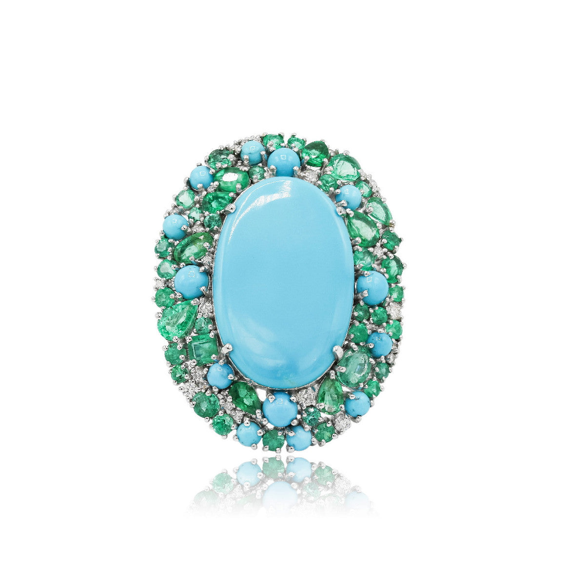 Anillo de Oro Blanco, Esmeraldas, Turquesas y Diamantes